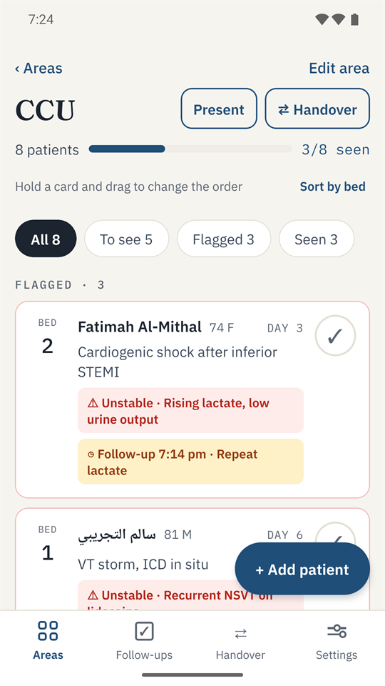 RoundXer patient list for a CCU with made-up patients: two flagged unstable, one follow-up due, and a seen counter showing 3 of 8.